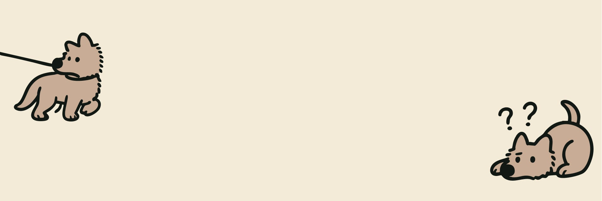Cartoon illustration of a dog on a leash looking at another dog with a question mark, on a beige background.